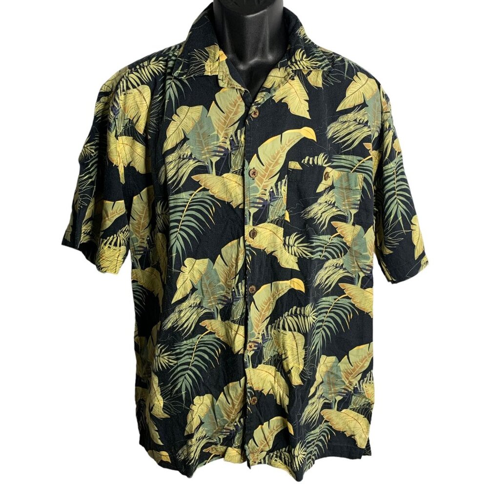 Vintage Trader Bay Hawaiian Camp Shirt L Black Floral Pockets Short Sleeves